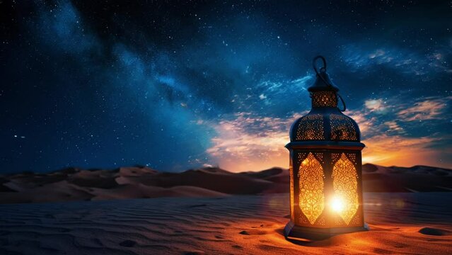 ramadan lanterns in the desert with milkyway sky, looping video, 4k