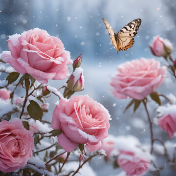 Beautiful pink roses and butterflies in snow and frost on blue and pink background. Snowing. Artistic winter nature image. Selective and soft focus.