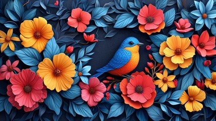 Spring hand drawn cartoon doodles illustration, leaves, birds, and spring symbols and decorative elements with Colorful flowers, generative ai