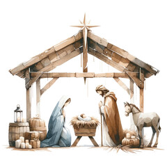 Serene watercolor depiction of the Nativity scene, with Mary and Joseph admiring Baby Jesus in the manger.