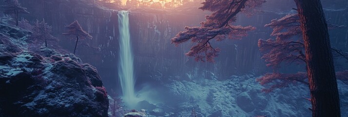 Rocky and Snowy Landscape with Giant Ancient Tree with Massive Waterfalls and Rock Structures - Vivid Pale Purple and Deep Blue Tones Tree Nature Background created with Generative AI Technology