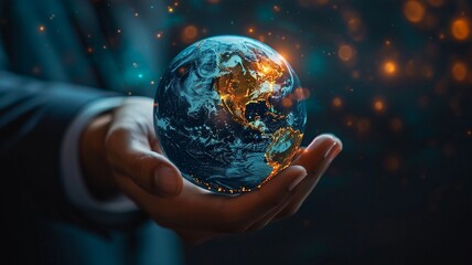 hand of Businessman touching virtual Earth globe,generative ai