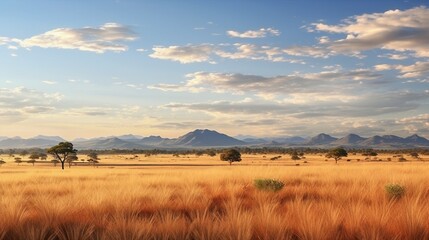 A serene savanna scene with sunlight casting a golden hue