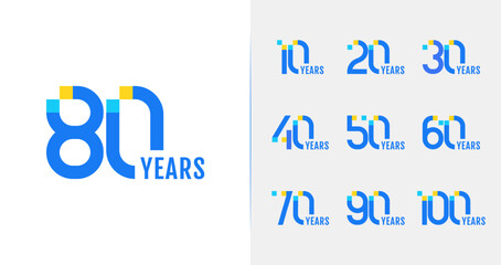 Set of modern anniversary logo design. 10, 20, 30, 40, 50, 60, 70, 80, 90, 100, birthday symbol with technology concept