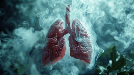 Dangerous cigarette smoke causing damage to lungs. Lung disease from smoking tobacco in gray studio, generative ai - obrazy, fototapety, plakaty