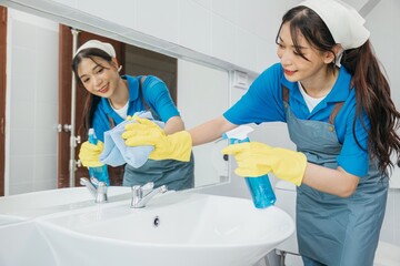 A cheerful maid in rubber gloves wipes bathroom mirror with a rag ensuring cleanliness and shining...