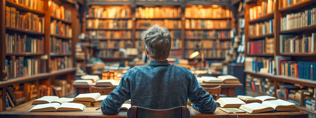 Rear view of a person seated in a library, surrounded by open books, engrossed in study and academic research.
