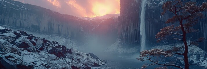 Rocky and Snowy Landscape with Giant Ancient Tree with Massive Waterfalls and Rock Structures - Vivid Pale Purple and Deep Blue Tones Tree Nature Background created with Generative AI Technology