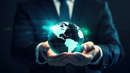 A man in a business suit holding a globe in his palms symbolizes the responsibility of business for global impact.