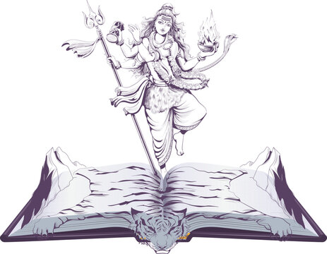 Shiva Indian multi armed god dance on tiger skin open book illustration religion