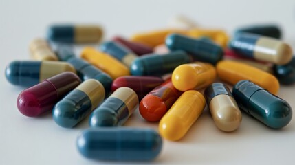 Variety of Colorful Capsule Pills on White Background