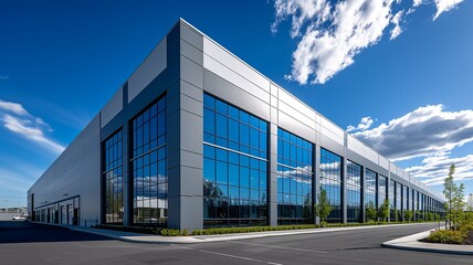 logistics center, headquarters or large office under a blue sky. AI generated - obrazy, fototapety, plakaty