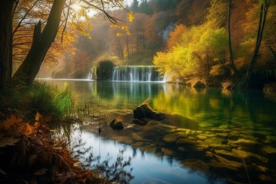 Breathtaking morning view of crystal clear waterfall in Plitvice National Park, Croatia. Serene autumn scenery and abandoned wonders of nature. Generative AI