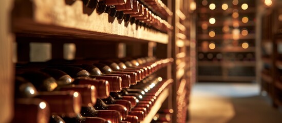 Vintage Wine Bottles Lined Up in Wooden Wine Cellar - obrazy, fototapety, plakaty