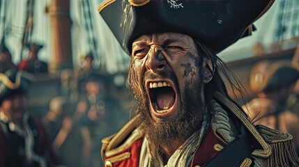 Pirates male captain yell atack - obrazy, fototapety, plakaty