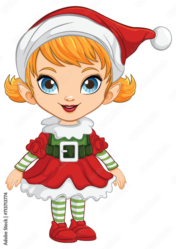 Wall mural cartoon girl dressed in cheerful christmas costume.