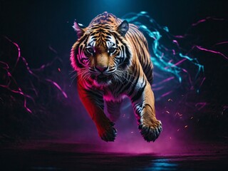 Jumping Tiger in neon lights  in the dark