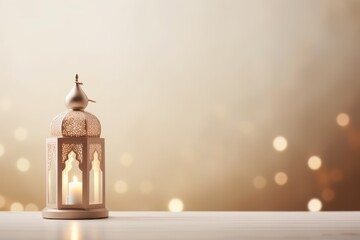 Simple Eid Mubarak and Ramadan Kareem Greetings Background with Copy Space, Islamic Lanterns, and Mosque