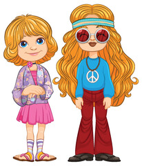 Two girls dressed in colorful retro outfits.