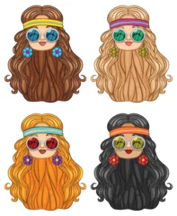 Poster Im Rahmen Four colorful hairstyles with trendy sunglasses illustration. © GraphicsRF