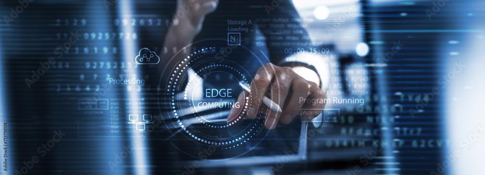 Poster cloud and edge computing concept. modern it technology on virtual screen, data backup with edge comp