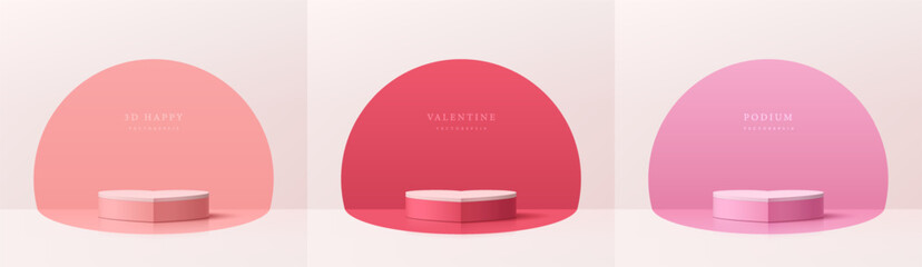 Set of 3D valentine day heart shape podium with pink and light red in semi circle backdrop scene. Platforms mockup product display presentation. Abstract composition in minimal design. Stage showcase.