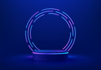 Abstract dark blue cylinder pedestal podium. Sci-fi abstract room concept with circle neon lighting line wall scene. Vector rendering 3d background, Mockup product display. Futuristic stage showcase.