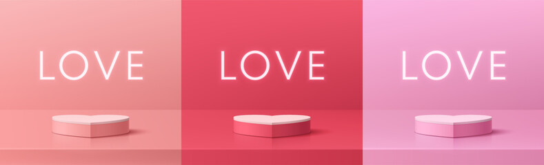 Set of 3D valentine day background with realistic heart pedestal podium pink, coral red. Neon light in love text. Vector geometric form. Mockup product display. Pastel minimal scene. Stage showcase.