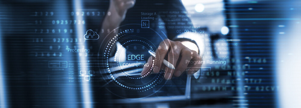 Cloud and Edge computing concept. Modern IT technology on virtual screen, data backup with Edge computing industry 4.0, cloud storage innovative background. Internet of things. Digital technology