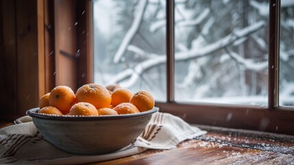 Fresh Oranges Covered in Frost by Winter Window