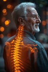 Digital composite of highlighted spine of senior man with back pain at home