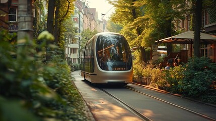 Obraz premium A bus drives autonomously through the city, generative ai