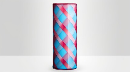 A cylinder with a square pattern in shades of pink and blue