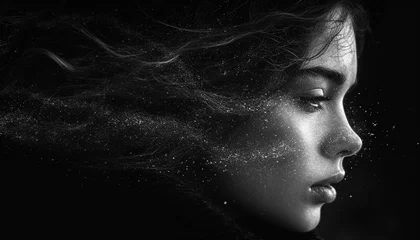 Photo sur Plexiglas Papillons en grunge A monochrome young woman's profile portrait combined with abstract grainy digital art against black background,generative ai