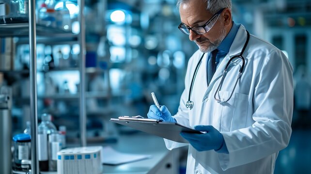 A doctor wearing uniform and face mark in a lab coat is writing on a clipboard.