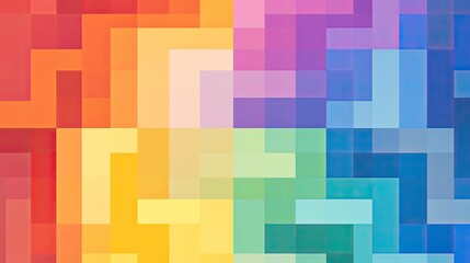 A symmetrical pattern of overlapping squares with a rainbow color scheme