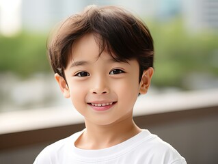 
A Close up shoot of Smiling Asian Child  with white teeth on white background for teeth and toothpaste ads