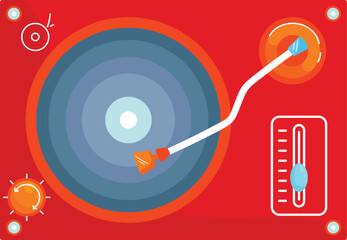 Flat design vinyl record player with stylus and knobs. Retro music turntable, DJ audio equipment vector illustration.
