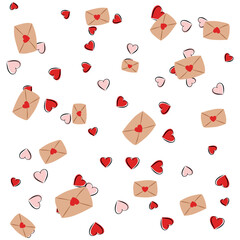 Vector love letters for backdrop to the day of  Valentine.  pattern of Envelopes with pink hearts in the doodle style. Lots of valentines for you. バレンタインの日の背景にベクトルのラブレター。 落書き風のピンクのハートの封筒のパターン