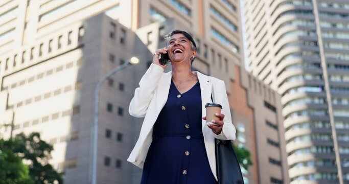Mature business woman, phone call and street with talking, coffee and walk to work in city with smile. Senior executive, person and employee with smartphone conversation for networking on sidewalk