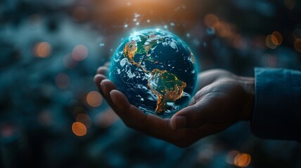 Fototapeta premium hand of Businessman touching virtual Earth globe,generative ai