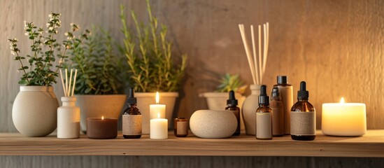 Fototapeta na wymiar Aromatherapy Essentials with Plants and Candles