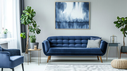 Dark Blue Sofa And Recliner Chair In Scandinavian Apartment, Interior Design Of Modern Living Room, Generative ai