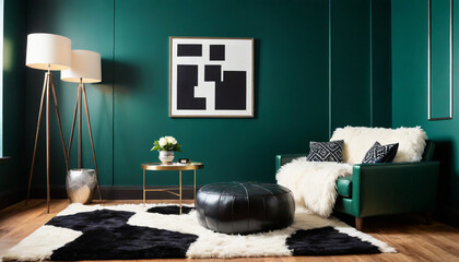 Navy green walls with a plush white shag rug leather accents and bold geometric prints in shades of black and white style