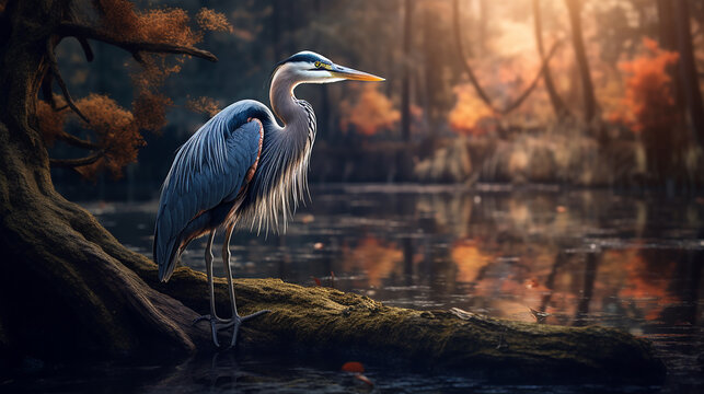 A heron is sitting by a river ai generative photo