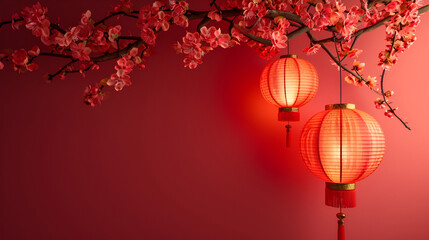 Happy chinese new year, year of the dragon zodiac sign hanging beautiful lantern and flowers on red background, Copy space,