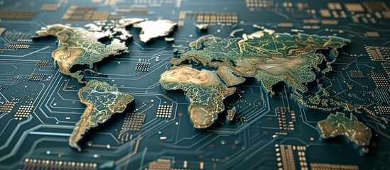 World Map on Circuit Board Highlighting Global Technology