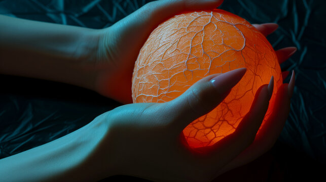 Halloween Art of Hands Holding an orange orb, ai generated