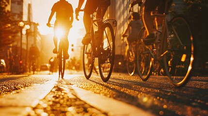 Urban cyclists captured in motion against a sunset backdrop, is AI Generative.