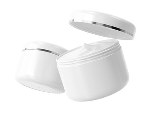 Blank White Glossy Cosmetic Cream Jar Packaging With Metallic Ring Isolated On Transparent Background, Prepared For Mockup, 3D Render.